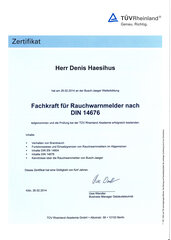 Zertifikat Fachkraft Rauchwarnmelder nach DIN 14676