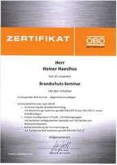 Zertifikat Brandschutzseminar